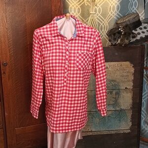 P07 Land's End Red Gingham Check 1/2 Button Closure Flannel Long Sleeve Tunic 14